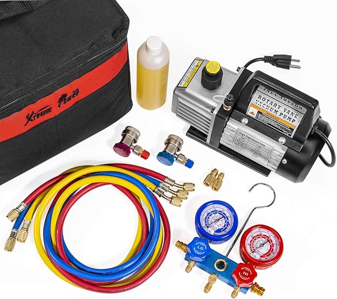 XtremepowerUS 3CFM 1/4HP Vacuum Pump HVAC R134a, R12, R22, R410a, A/C Refrigeration R134 Can Tap Adapter, R134 Quick Connector AC Manifold Gauge Air Conditioner Oil Bottle w/Bag