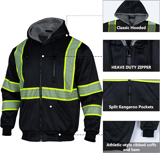 VENDACE Men's ANSI Class 3 High Vis Safety Reflective Sweatshirt Wool Fleece Zipper Jacket Hoodie with Black Bottom(Black,XL)