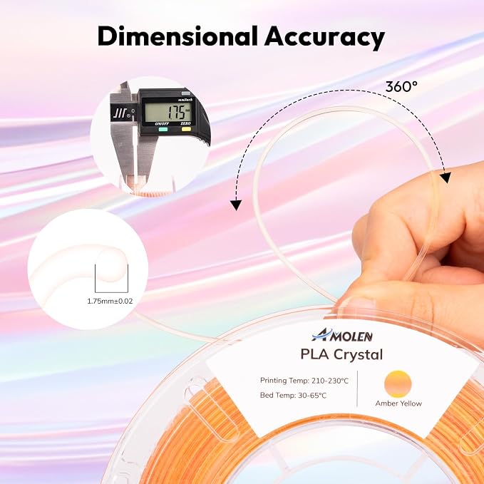 AMOLEN Transparent PLA Filament Bundle Multicolor, Translucent PLA 3D Printer Filament 1.75mm ±0.02mm, NO-Tangle & Low Warping, Dimensional Accuracy +/- 0.02 mm, Fits Most FDM 3D Printers, 200x4 Pack