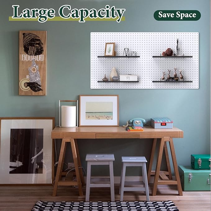 17X8 Inch Large Pegboard Shelves Set of 2, Metal Peg Board Shelves Accessories, Flat Display Shelves for Pegboard, Metal Retail Display for Storage and Organization, Black
