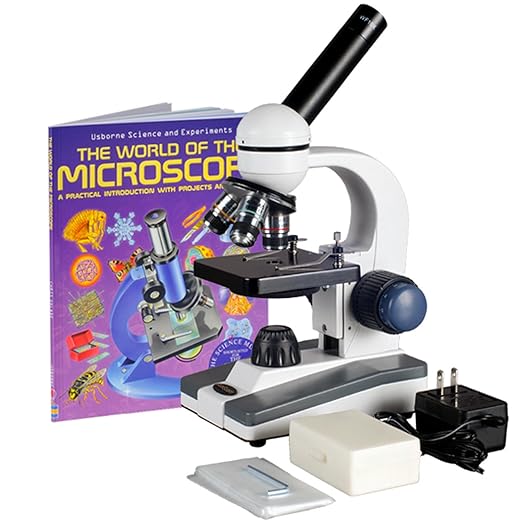 AmScope M150C-PB10-WM Compound Monocular Microscope, WF10x and WF25x Eyepieces, 40x-1000x Magnification, LED Illumination, Brightfield, Single-Lens Condenser, Coaxial Coarse and Fine Focus, Plain Stage, 110V, Includes 5 Blank Slides, 5 Prepared Slides,...