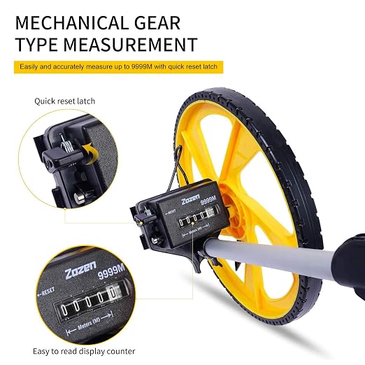 Zozen Measuring Wheel in Meters, Foldable Meters Measure Wheel | Metric Units [Up to 9,999m], Rolling Measurement with Backbag, One Key to Reset/Kickstand to Keep Stand/Starting Point Arrow.