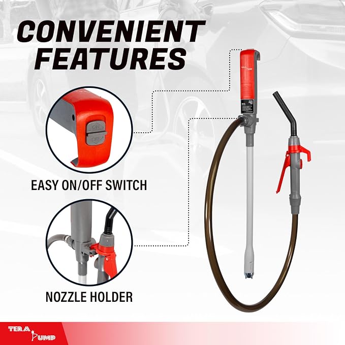 TERA PUMP Fuel Transfer Pump w/Quick Flow Control Nozzle | 3X Powerful D Battery Powered, 39" Upgraded Vinyl Discharge Hose, Multipurpose Portable For Gas, Diesel, Water, 2.8 GPM