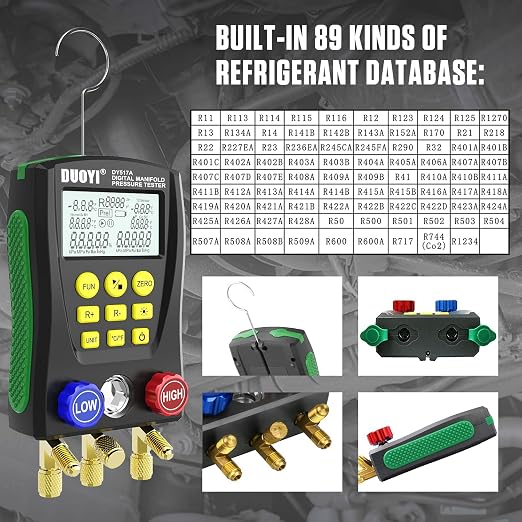 Digital Manifold Gauge Set Air Conditioning/Refrigerator Digital HVAC Gauges Double Pressure&Temp Test Air Conditioning Tools & Equipment Manifold HVAC with Tricolor Hose, 2 Pairs of Test Clamps