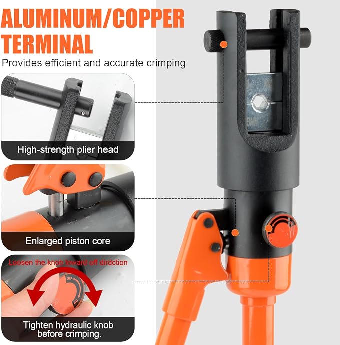 HZLZRZ Hydraulic Crimping Tool, 16 Tons Battery Cable Crimping Tool and Range 4AWG-500MCM, 10 Pairs of Dies for Kit, Yellow Battery Cable Terminal and wire crimpers (YQ/240A)