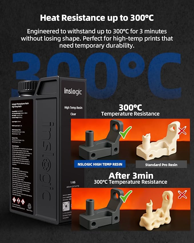 Inslogic High Temp 3D Printer Resin, Functional Resin 405nm DLP LCD UV-Curing Photopolymer Resin for Prototyping, Ducting, High Precision Printing,1KG Grey