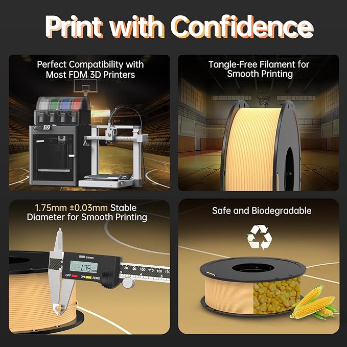 BIQU PLA-HR Flexible 3D Printer Filament Specifically for Printing Airless Basketballs, 1.75mm 1KG Spool (2.2lbs), Triple Color Filament for Most FDM 3D Printer, Yellow-Orange-White