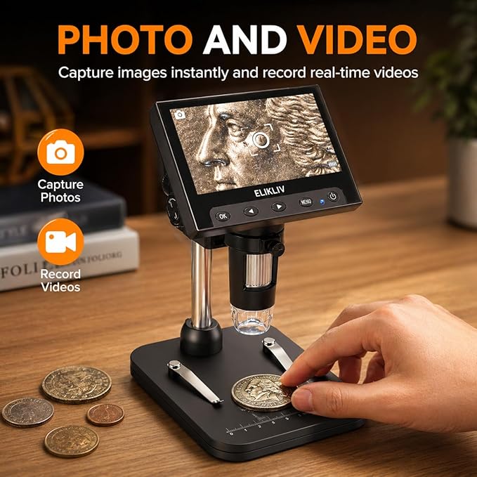 Elikliv Coin Microscope, 4.3'' LCD Digital Microscope 1000x, Coin Magnifier with 8 Adjustable LED Lights, PC View Compatible with Windows/Mac, EDM4B, Black