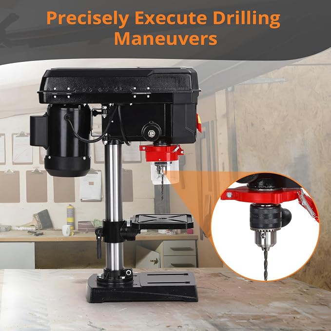 8 Inch Benchtop Drill Press, 5 Speed Adjustable 2.5A Mini Tabletop Drilling Machine with Swing Distance, 0-45° Tilting Worktable for Wood & Metal