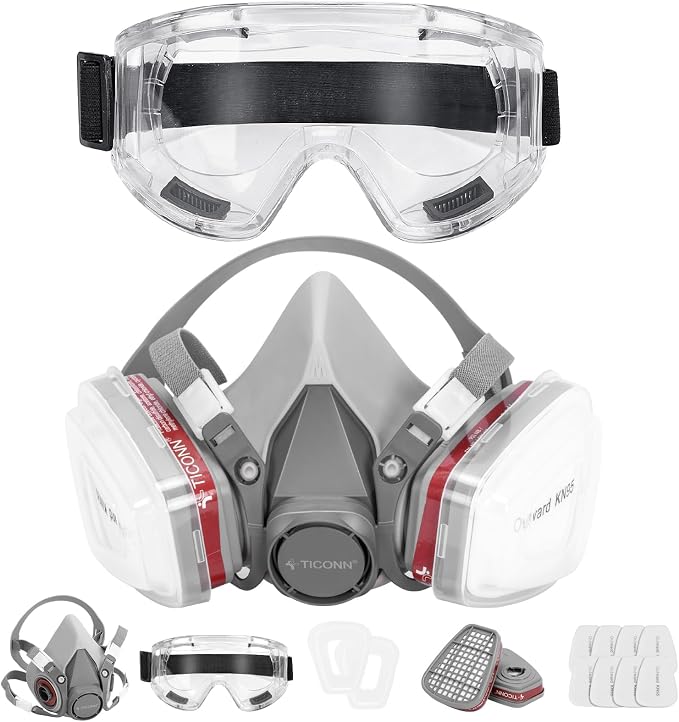 TICONN Reusable Respirator Mask with Filters, Gas Mask with Anti Fog Safety Glasses, Anti-Dust Half Face Cover Respirator