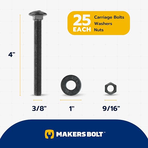 3/8" x 4" (25 Pack) Black Carriage Bolt Kit, Grade 307A, Ceramic Coated for Exterior Use, 2X Rust Resistance of Galvanized by Makers Bolt