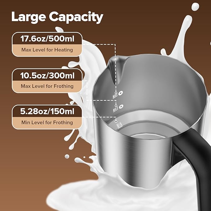 Milk Frother and Steamer, 4-in-1 Automatic Electric Milk Frothers, 900ml Detachable Stainless Steel Jug with Latte Art Spout, Hot & Cold Foam Maker for Coffee, Lattes, Cappuccinos