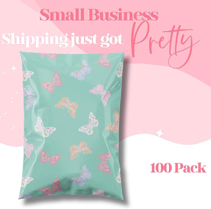 Pretty Package Store 10x13 Designer Poly Mailer 100 Pack Heavy Duty Waterproof Self Seal Shipping Bags for Small Business Large Mailing Envelopes Bulk Tear Resistant Packaging Butterfly
