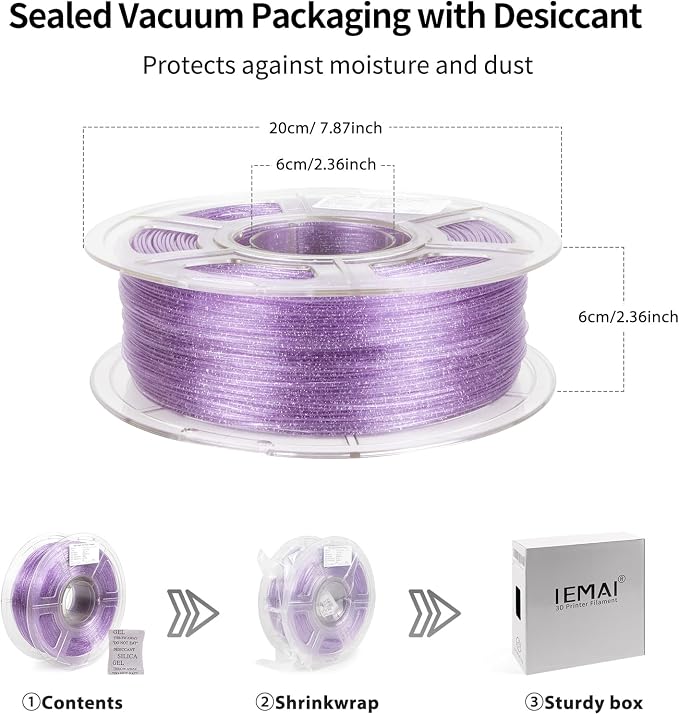 IEMAI Glitter Clear PETG Filament 1.75mm Purple 1KG, Sparkly Transparent Finish 3D Printer Filament Easy to Print for Lampshades, Home Decor & DIY Models