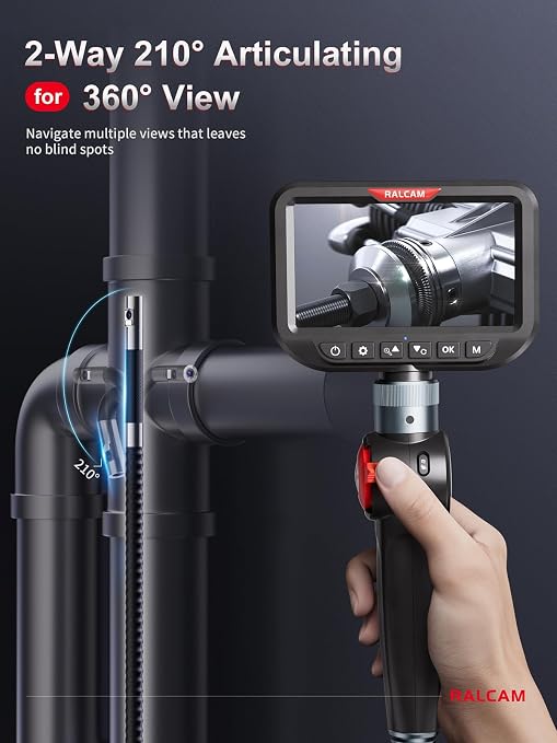 Ralcam Dual Lens Articulating Borescope 5", 6.5mm Slim Probe, Two-Way Articulated Endoscope Inspection Camera with 5FT Flexible Snake Cable for Engine Automotive HVAC Wall Pipe