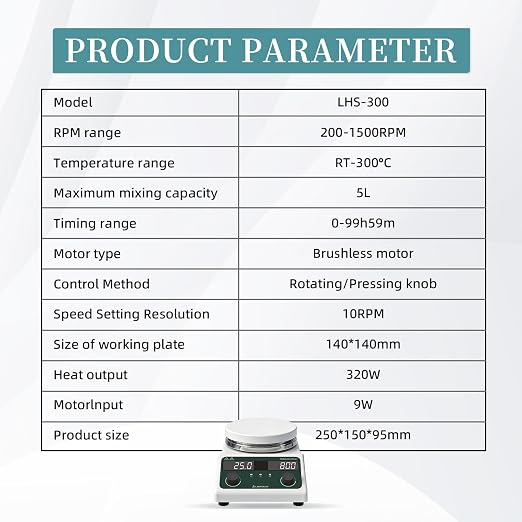 LHS-300 Magnetic Stirrer Hot Plate, 300°C/572°F, 5L, 200-1500RPM | 5.5in plate mixer, timer 1min-99h, probe, stand, stir bar & recycler set, for lab heating & mixing