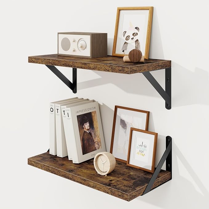 Floating Shelves 8 Inch Deep, 16W x 8D Wall Shelf Set of 2, 35 lbs Heavy Duty Reversible Metal Brackets, Industrial Book Shelf for Living Room Kitchen Bath Bedroom Gallery Wall, Rustic Brown