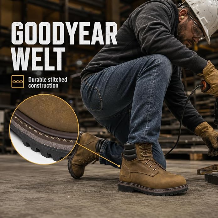 Men's 6" Leather Steel Toe Work Boots for Men, Oil/Slip Resistant Rubber Sole, Men's Safety Construction Boots. 84710