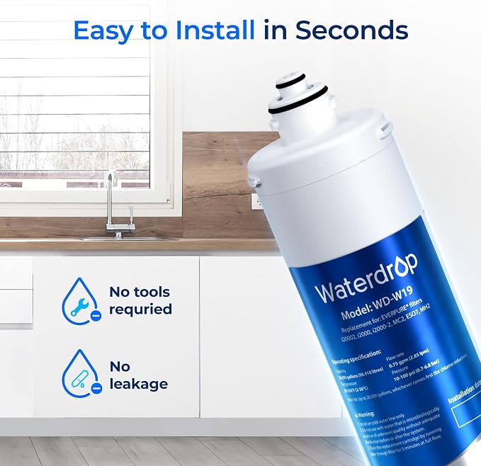 Waterdrop I2000 2 Under Sink Water Filter, Replacement for Pentair® Everpure I2000 2, EV9612-22, MC2, ESO7, MH2, EV9612-56, EV9607-25, EV9613-21, NSF/ANSI 42 Certified, 26000 Gallons