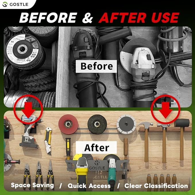 4 Bay Angle Grinder Holder with Discs Hook Rack, Grinders Power Tools Holder Storage Rack, Wall Mount Organizer Bracket for Cutters Polishers with Cord Hanger and Hooks