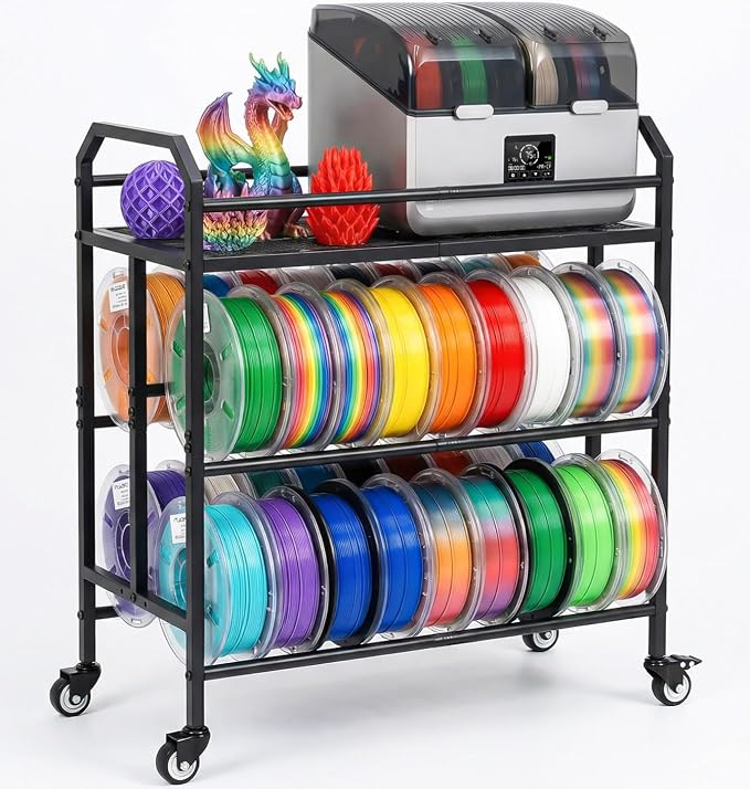 3D Printer Filament Storage Rack 3 Tiers Heavy Duty Metal Filament Spool Holder Holds 36 Spools Sturdy Rolling Filament Shelf with Wheels Easy Assembly Space-Saving for Home Office Workshop