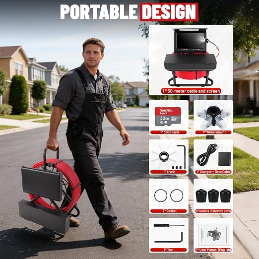 Sewer Camera Self-Leveling,100FT/30M Pipe Drain Inspection Camera with 7" 1080P HD Screen, Snake Plumbing Cameras with 9 LED Lights, IP68, 32GB Card, DVR Recording, for Duct Sewer Line Pipe Inspection