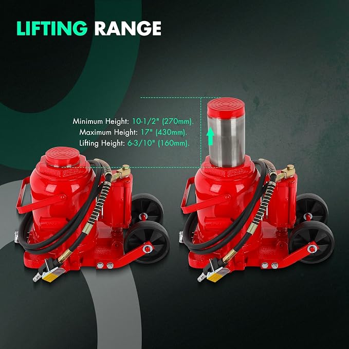Air Hydraulic Bottle Jack 50 Ton (11 0231 LBS) Pneumatic Bottle Jack Lift Range 27-43cm Air Transmission Jack with Pneumatic & Manual Hand Pump, for Pickup, Truck, RV, Auto Repair, Red