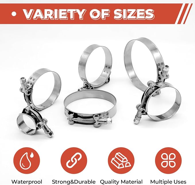24 Pack 12 Size T-Bolt Hose Clamps, Stainless Steel_304 Working Range 28mm-116mm for 0.75" -4'' Hose ID, Turbo Intake Intercooler Clamp for Automotive
