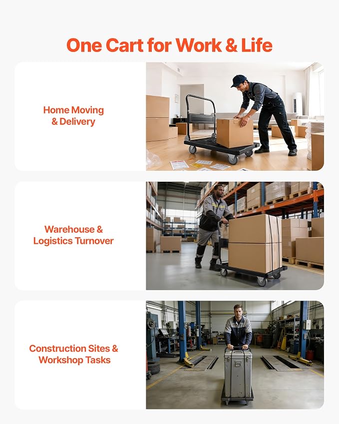 VEVOR Platform Truck Push Cart Dolly, 1000LBS Heavy Duty Folding Platform Truck with 360° Swivel Wheels, Flat Bed Cart with Space Saving Push Handle for Garage/Basement/Office/Warehouse