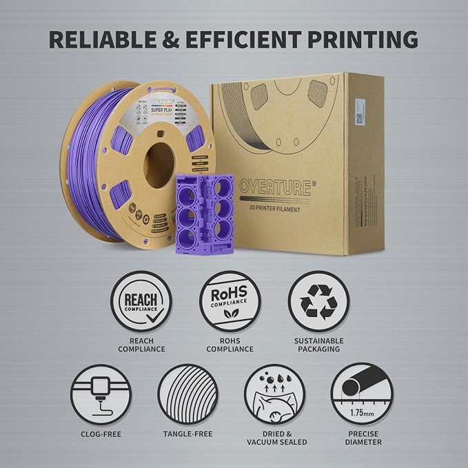 OVERTURE Super PLA+ Filament 1.75mm, Toughness Enhanced PLA Plus, Professional Toughness 3D Printer Filament 1kg (2.2lbs), High Precision +/- 0.02mm (Purple)