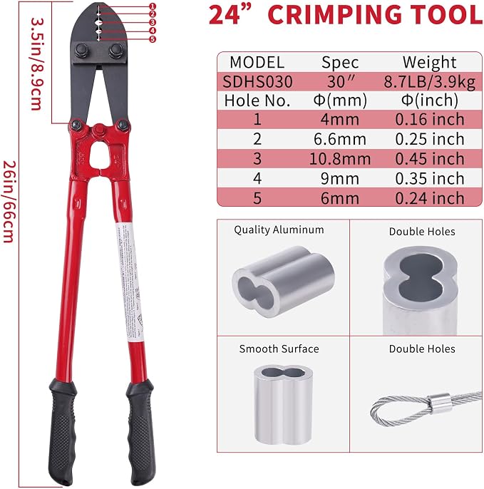 24Inch Hand Swaging Cutting Tool, Wire Rope Crimping Pliers for 1/16" 3/32" 1/8" 5/32" 3/16" Wires, Swager Crimper for Copper Aluminum Oval Sleeve and Stop Sleeve