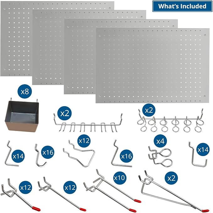 LUGO 24"x16" Metal Pegboard Wall Organizer, 128-PC Heavy-Duty Pegboard System with Hooks, Bins & Tool Holders – Space-Saving Garage, Workshop, Craft Room & Workbench Storage (Gray)