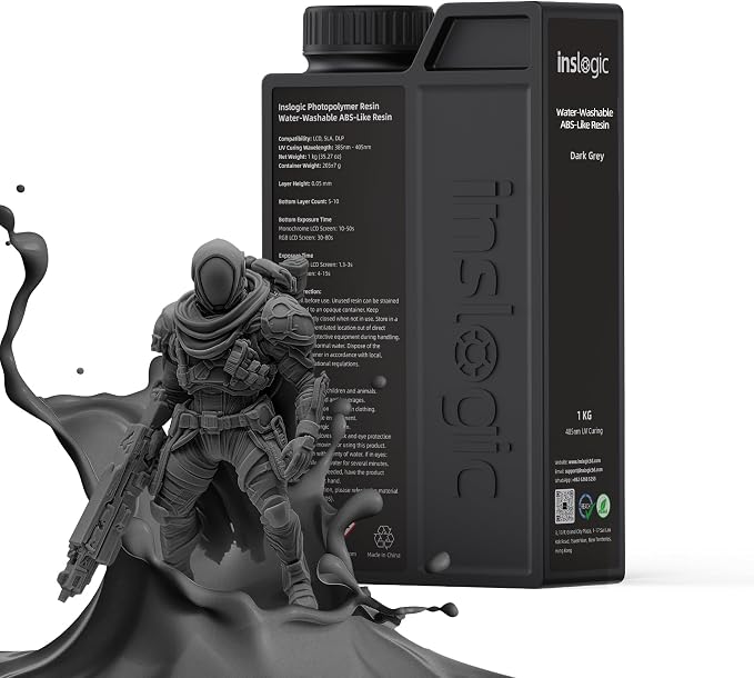 Inslogic Water-Washable ABS-Like Resin, Combines Features of ABSLIKE Resin & Water Washable Resin, Non Brittle, High Precision, Fast Curing 3D Resin for LCD DLP SLA 3D Printers, 1KG Dark Grey