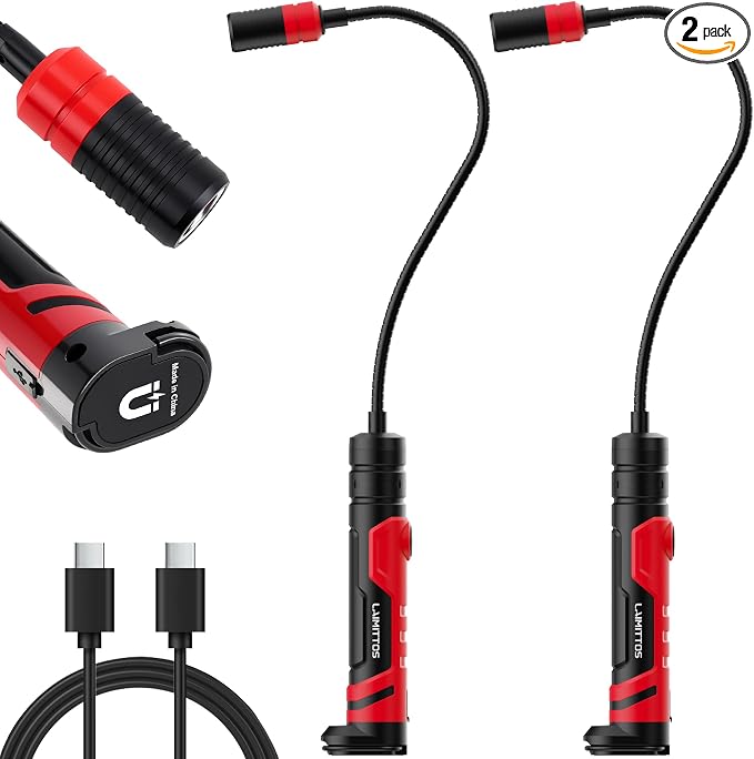 Magnetic Flashlight with Flexible Gooseneck, Rechargeable Work Light LED Flashlight and Magnetic Pickup Tool, Mechanic Light for Work Bench, Auto-Repairing, Inspection, Emergency (2 Pack)