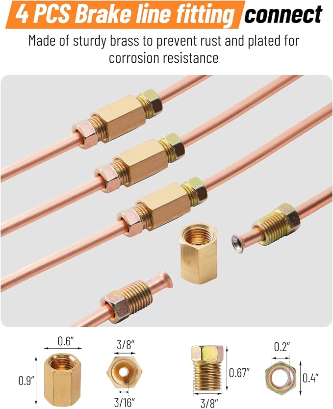 25 ft 3/16 Copper Coated Brake Line Kit (Includes 16 Fittings and 4 Unions Brake Line Fittings) + Double & Single Flaring Tool Kit