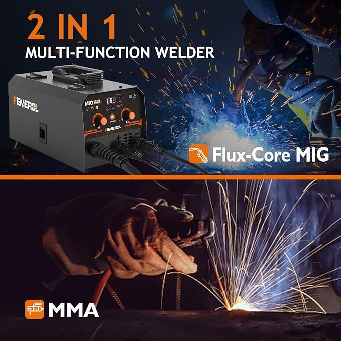 FEMEROL MIG Welder,2 in 1 Flux core/Stick Welder,130Amp 110V Gasless MIG Welding Machine with Synergy IGBT Inverter Welder Portable Wire Feed Welder