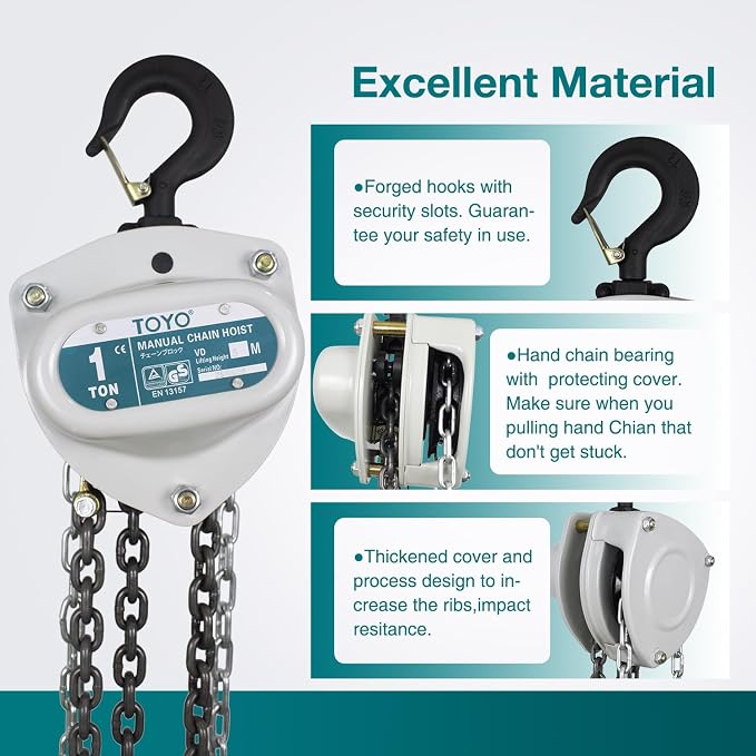 TOYO Chain Hoist 2200Lb,10ft Manual Chain Block Hoist 1ton Chain Fall 3M Come Along Hand Chain Hoist 2 Heavy Duty Hooks Industrial Grade Steel for Warehouse Automotive Construction Building
