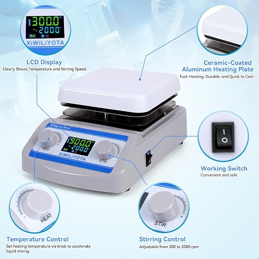 6 inch Magnetic Stirrer Hot Plate with Temp Probe Holder - Ceramic Coated Lab Stirrers, 300°C (572°F), 2000 RPM, Max 5L Capacity, 110V 500W, LED Digital Display, Includes Stir Bar & Fuse