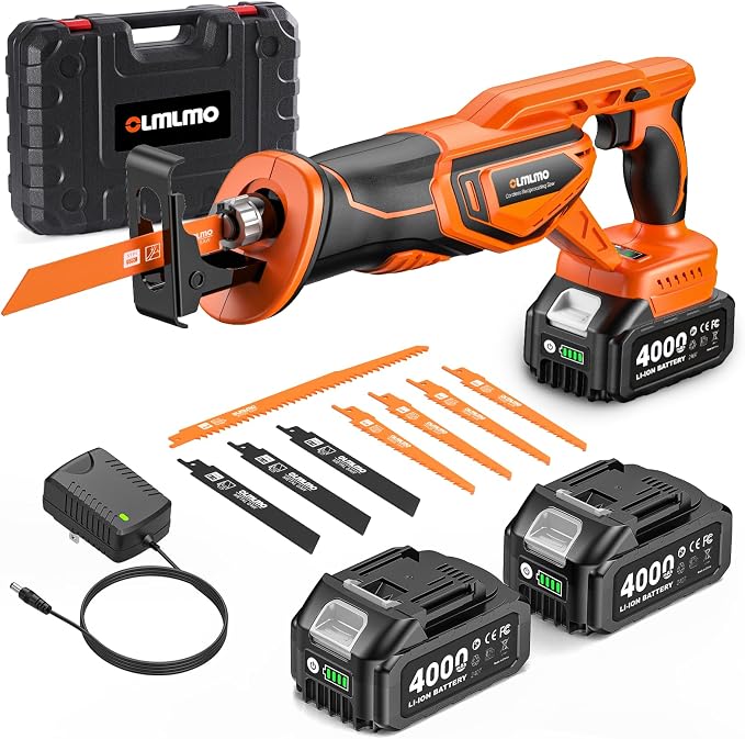 Reciprocating Saw Cordless with 8 Blades: 2 x 4.0Ah Battery, Brushless Motor 3300 RPM, Cordless Reciprocating Saw Kit for Wood PVC Metal Tree Bone Cutting DIY (Orange) | Come with 2pcs 4.0Ah Batteries & 8 Cutting Blades, 3300SPM, Perfect for DIY Cuttin...