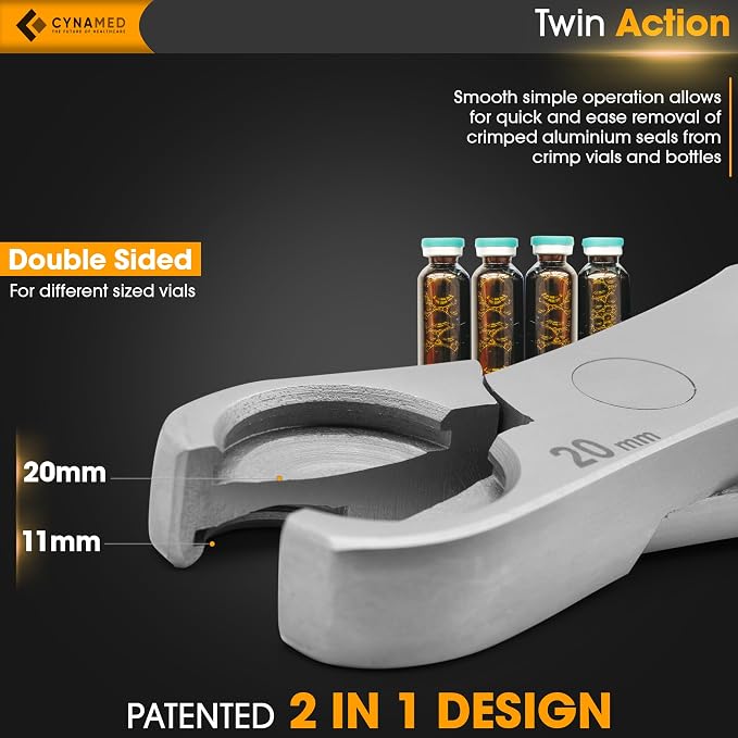 Cynamed 2-in-1 Vial Decapper - Professional Dual Action Aluminum Crimp Top Remover, Manual De-Crimper for Medical & Pharmacy Glass Bottle Caps - Non-Slip Cushioned Grips, Stainless Steel - 11mm/20mm