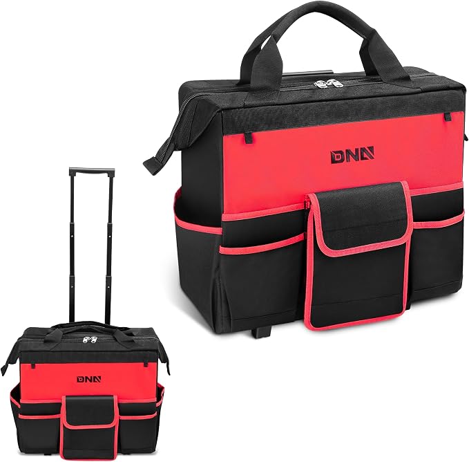 DNA MOTORING 18in Canvas Rolling Tool Bag, Telescoping Handle 600D Large Roller Tool Bag, Tools Bag Organizer for Electrician, Carpentry, HVAC, TOOLS-00640