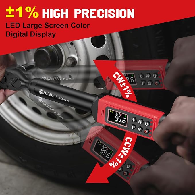 SUERCUP 1/2" Digital Torque Wrench, 2.2-147.5Ft.Lb/3-200N.m, ±1% Accuracy | Electronic Torque Wrench, Vibration, Buzzer, LED Flash,9 Presets & 5 Units for Engine/Suspension, Lug Nut, Car & Moto Repair