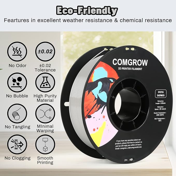 Comgrow PETG 3D Printer Filament 1.75mm, High Precision and Tough 3D Printer Filament 2kg (4.4LBS), Dimensional Accuracy +/- 0.02 mm, Fit Most 3D Printers Black+Grey
