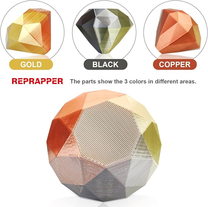 Reprapper Triple Color Filament Coextrusion PLA Filament 1.75mm for 3D Printer, Multicolor Like Dual Color Silk Rainbow pla, 2.2lbs (1kg), Silk PLA Gold/Copper/Black