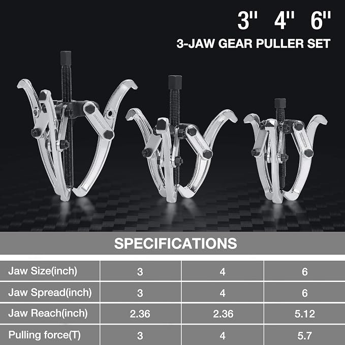 DURATECH 3-Piece 3-Jaw Gear Puller, 3", 4", 6", Removal Tool for Gears, Pulleys, Bearings, and Flywheels, Fully Assembled, CR-V Steel