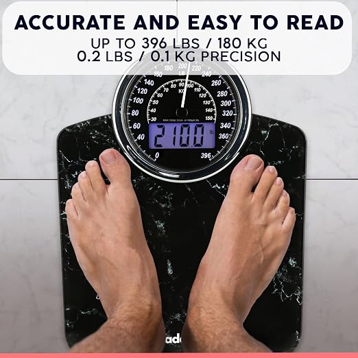 Hybrid Bathroom Scale - Analog & Digital Display, Accurate to 400 lbs | See weight on both an analog dial and digital LCD at once. Wide glass platform, accurate to 0.2 lbs, batteries included.