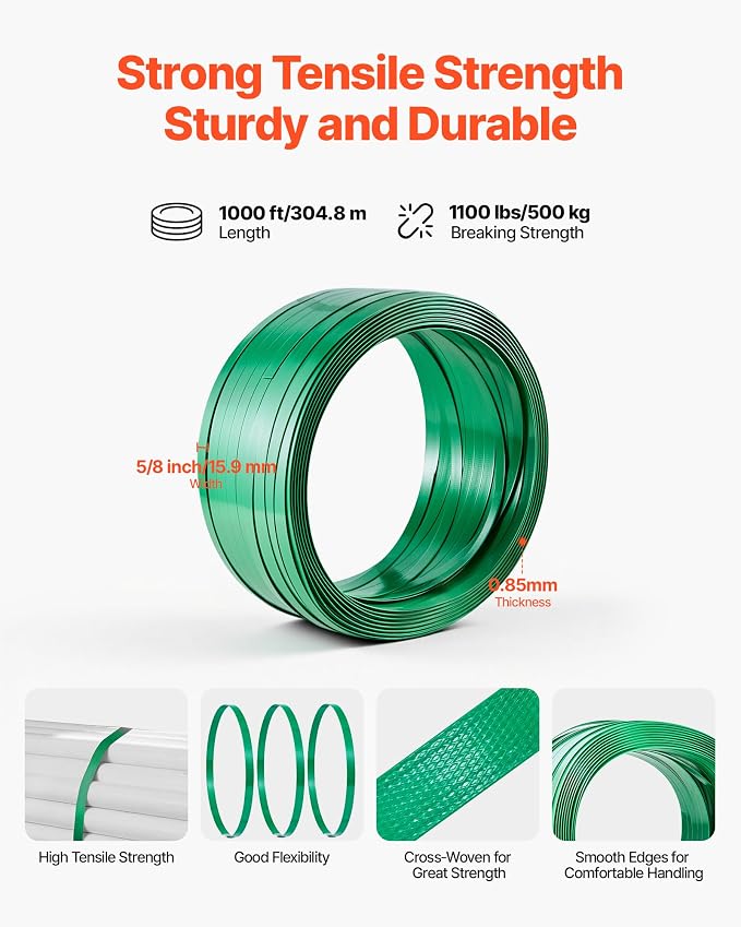 VEVOR Banding Strapping Kit, Heavy Duty Banding Sealer Tool with 1000 ft Length PET Band, 300 Metal Seals, Plastic Manual Pallet Packaging Strapping Kit for Warehouse/Shipping/Moving/Home, Orange