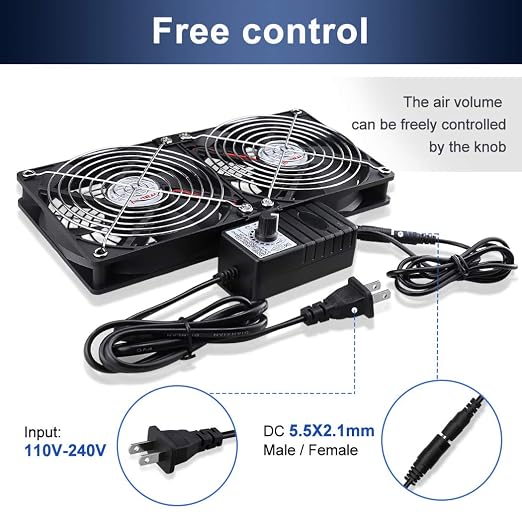 Wathai 2 x 120mm 240mm Computer Fan with AC Plug Cabinet Fan 110V 240V | Dual Ball Big Airflow 12V Cooling Fan with Variable Speed Control for External PC Case Cooling computer cabinet vent
