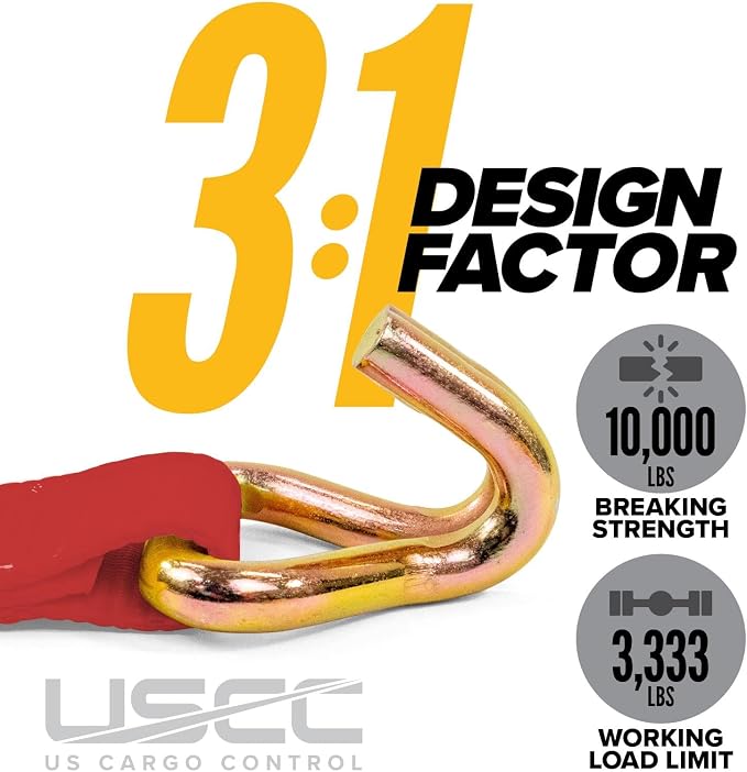US Cargo Control Wire Hook Ratchet Straps 2 Inch x 30 Foot (320 Count Pallet), 10,000 LBS Break Strength, Ratchet Straps Heavy Duty with Double J Hooks, Red Cargo Tie Downs, Flatbed Trailers, Trucks