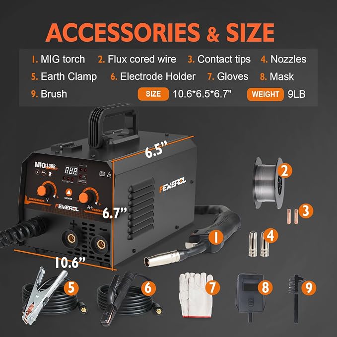 FEMEROL MIG Welder,2 in 1 Flux core/Stick Welder,130Amp 110V Gasless MIG Welding Machine with Synergy IGBT Inverter Welder Portable Wire Feed Welder